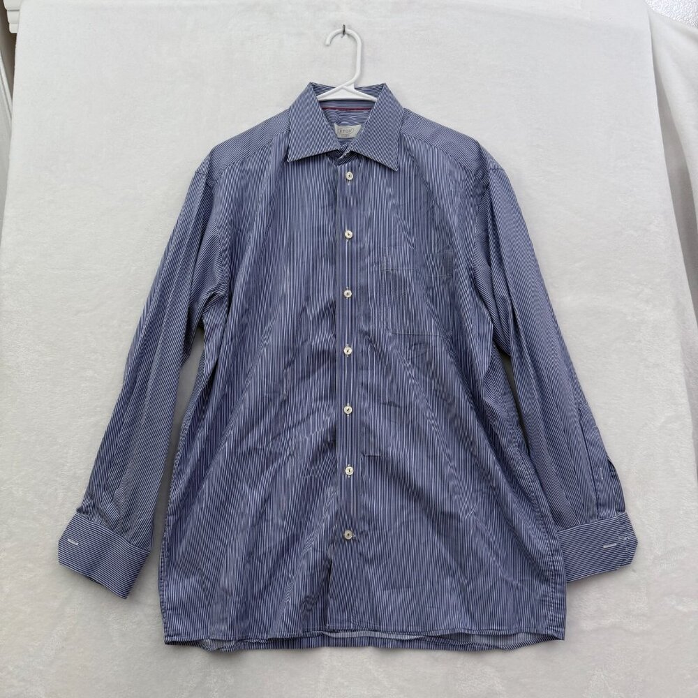 Eton Shirt Men 42 16.5 Blue Stripe Classic Fit Pocket Button Up